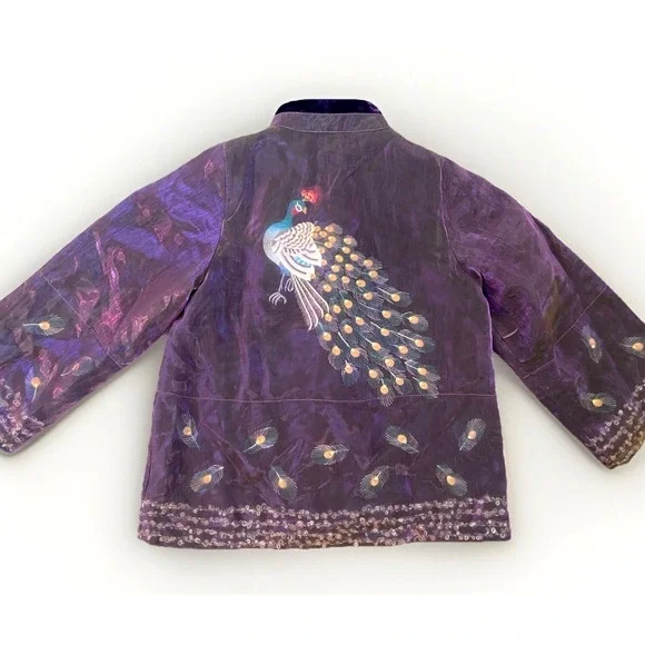 Vintage Anis USA Iridescent Peacock Jacket Kimono L Silk Top Boho Slow Phoebe - Picture 1 of 12